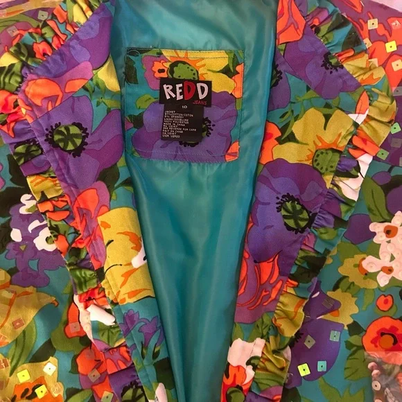 REDD Jeans Vintage Floral Sequin Cropped Jacket Ruffle Trim Festival Retro SZ 10 - Picture 6 of 9